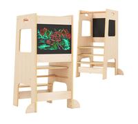 Tour d’Apprentissage en Bois pour Enfant COSTWAY-Hauteur Réglable-avec Tableau Noir d'Activités-Barre de Sécurité-3+ Ans-Nature