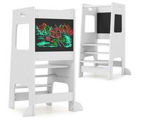 Tour d’Apprentissage en Bois pour Enfant COSTWAY-Hauteur Réglable-avec Tableau Noir d'Activités-Barre de Sécurité-3+ Ans-Blanc