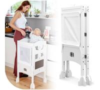 Tour d Observation Enfant - Tour d’Apprentissage Pliable avec Filet de sécurité à 360° - 1-3 Ans - Learning Tower extrêmement Stable et Massif - Livré préassemblé (Blanc)