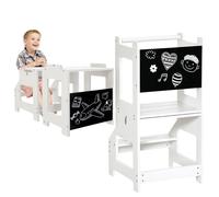 HOMCOM 3 en 1 Tour d'observation Enfant, Tour d'apprentissage avec barreau, Hauts rebords de sécurité et Tableau Noir, marches antidérapantes, Learning Tower, adapté aux Enfants de 3 à 6 Ans, Blanc