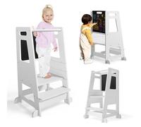 Tour d'apprentissage Montessori 3-en-1 avec Tableau Noir - Tour de Cuisine réglable avec Barre de sécurité, escabeau en Bois Naturel pour Les Enfants de 18 Mois et Plus (capacité de 80 kg)