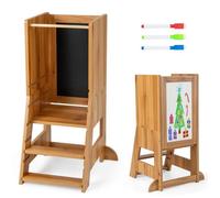 Tour d'Apprentissage Montessori en Bois COSTWAY-Tabouret de Cuisine-Tableau-3 Stylos à Base d'Eau-Marche,Hauteur Réglable-Naturel Marron