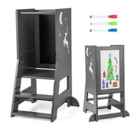 Tour d'Apprentissage Montessori en Bois COSTWAY-Tabouret de Cuisine-Tableau-3 Stylos à Base d'Eau-Marche,Hauteur Réglable-Gris