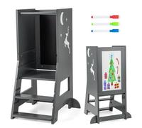 Tour d'Apprentissage Montessori en Bois COSTWAY-Tabouret de Cuisine-Tableau-3 Stylos à Base d'Eau-Marche,Hauteur Réglable-Gris Gris