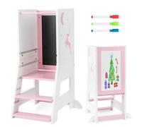 Tour d'Apprentissage Montessori en Bois COSTWAY-Tabouret de Cuisine-Tableau-3 Stylos à Base d'Eau-Marche,Hauteur Réglable-Rose Multicolore