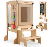 Tour d'apprentissage pliable en bois pour tout-petits avec filet de sécurité à 360°, tabouret d'aide à la cuisine réglable en hauteur, plate-forme debout avec tableau noir, escabeau Montessori