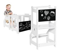 HOMCOM 3 en 1 Tour d'observation Enfant, Tour d'apprentissage avec barreau, Hauts rebords de sécurité et Tableau Noir, marches antidérapantes, Learning Tower, adapté aux Enfants de 3 à 6 Ans, Blanc