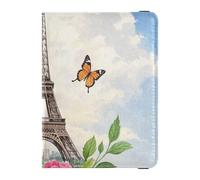 Tour de fer parisienne romantique avec fleurs en cuir bleu décoratif pour passeport - Organiseur de documents de voyage - Organisateur de documents de voyage - Accessoires ultra fin, Tour de fer
