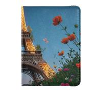 Tour de fer parisienne romantique avec fleurs en cuir Porte-passeport décoratif pour voyage Hommes Documents de voyage Organisateur Protection Passeport Coque Document de voyage Portefeuille Ultra