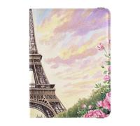 Tour de fer parisienne romantique avec fleurs en cuir rose décoratif pour passeport - Étui de protection pour documents de voyage - Porte-carte de vaccin - Portefeuille ultra fin, Tour de fer