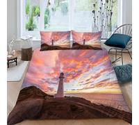 Tour de Guet et Coucher de Soleil Housse de Couette 160x200 Parures de Lit 1 Personne Imprimé 3D Microfibre Douce Paysages de Bord de Mer Housses Couette avec 2 Taies d'oreiller et Fermeture h.4431