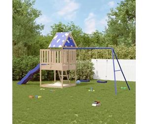 Tour de jeu, en bois de douglas, avec double balançoire et toboggan à vagues, tour d'escalade avec bac à sable, échelle et toit en bois, appareil de jeu d'extérieur pour enfants de 3 à 8 ans, aire de