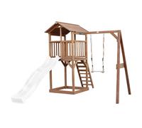 Tour de jeu en bois marron avec grand toboggan balançoire blanc TU