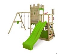 Tour de jeux bois FATMOOSE BoldBaron XXL avec double balançoire, toboggan 220 cm vert pomme et mur d’escalade