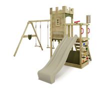 Tour de jeux bois FATMOOSE BoldBaron XXL avec double balançoire, toboggan 220 cm vert sauge et mur d’escalade - 10 ans de garantie*