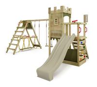 Tour de jeux bois FATMOOSE BoldBaron XXL avec SurfSwing, toboggan 220 cm vert sauge et mur d’escalade - 10 ans de garantie*