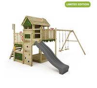 Tour de jeux bois FATMOOSE MightyMansion Move XXL avec maison sur pilotis, toboggan 220 cm anthracite et double balançoire