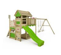 Tour de jeux bois FATMOOSE MightyMansion Move XXL avec maison sur pilotis, toboggan 220 cm pomme vert et double balançoire