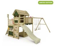 Tour de jeux bois FATMOOSE MightyMansion Move XXL avec maison sur pilotis, toboggan 220 cm vert sage et double balançoire