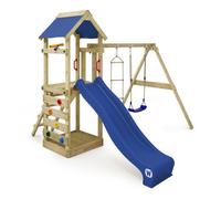 Tour de jeux bois WICKEY FreeFlyer avec toboggan 220 cm bleu, mur d’escalade et bac à sable - 10 ans de garantie*