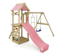 Tour de jeux bois WICKEY FreeFlyer avec toboggan 220 cm rose pastel, mur d’escalade et bac à sable - 10 ans de garantie*