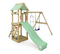 WICKEY Aire de Jeux FreeFlyer portique en Bois avec balançoire et Toboggan, Tour d'escalade pour Enfants avec bac à Sable, échelle et Accessoires de Jeu pour Le Jardin. (Vert Pastel)