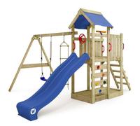 Tour de jeux bois WICKEY MultiFlyer avec balançoire, toboggan 220 cm bleu et bac à sable intégré - 10 ans de garantie*
