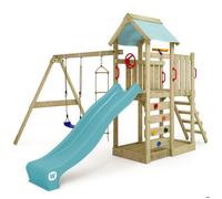 Tour de jeux bois WICKEY MultiFlyer avec balançoire toboggan 220 cm bleu pastel et bac à sable intégré - 10 ans de garantie*