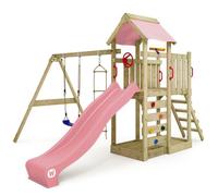 Tour de jeux bois WICKEY MultiFlyer avec balançoire, toboggan 220 cm rose pastel et bac à sable intégré - 10 ans de garantie*