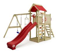 Tour de jeux bois WICKEY MultiFlyer avec balançoire, toboggan 220 cm rouge et bac à sable intégré - 10 ans de garantie*