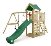 Tour de jeux bois WICKEY MultiFlyer avec balançoire, toboggan 220 cm vert et bac à sable intégré - 10 ans de garantie*