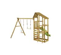 Kangui - Tour de jeux en bois avec double plateformes WOUPI - Balançoire, trapèze, mur d'escalade et cabane