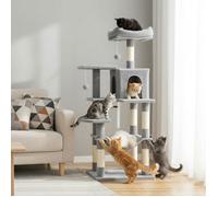 Tour de Jeux pour Chats 143 cm, 4 Poteaux à Griffer, 2 Pompons, 1 Hamac, 2 Plateformes, 1 Niche, Gris Clair