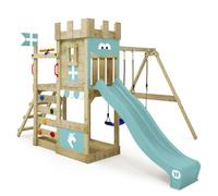 Tour de jeux WICKEY RoyalFlyer avec toboggan bleu pastel, balançoire et bac à sable - 10 ans de garantie*