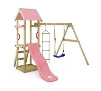 WICKEY Aire de Jeux TinyCabin portique en Bois avec balançoire et Toboggan Rose Pastel, Tour d'escalade pour Enfants avec bac à Sable, échelle et Accessoires de Jeu pour Le Jardin.