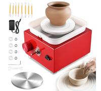 Tour de Potier, Kooeuru Tour Poterie 2000 tr/min Vitesse Réglable avec Plaques de 10/6,5 cm, Outils de Façonnage et Bassin Amovible, Tour Potier Poterie Enfant et Adultes (Rouge)