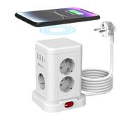 Tour de prise 7 prises avec chargeur sans fil - Protection contre les surtensions - Interrupteur - 10 A - 2300 W - Multiprise (7 Schuko + 4 USB) - Multiprise avec rallonge de 2 m - Pour bureau - Blanc