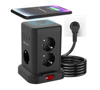 Tour de prise 7 prises avec chargeur sans fil | Protection contre les surtensions | Interrupteur | 16 A 3680 W | Multiprise (7 Schuko + 4 USB) | Multiprise avec rallonge de 2 m | pour bureau Noir