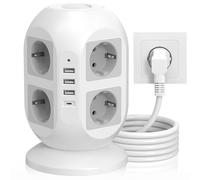 Tour de prise avec USB, 8 prises avec USB C, multiprise avec interrupteur, tour de prise avec câble de 2 m, multiprise parasurtenseur pour la maison et le bureau, blanc