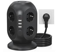 Tour de prise avec USB, 8 prises avec USB C, multiprise avec interrupteur, tour de prise avec câble de 2 m, multiprise parasurtenseur pour la maison et le bureau, noir