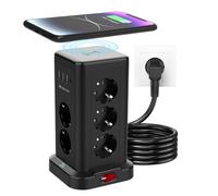 Tour de Prises 11 avec Chargeur sans Fil | Protection Contre Les Surtensions et Interrupteur | 3680W Max (16A) | 11 Prises EU + 4 Ports USB | Câble d'alimentation 2m | pour Bureau, Maison | Noir