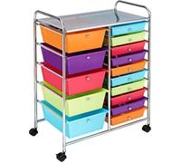 Tour de Rangement à Roulettes COSTWAY-15 Tiroirs Amovibles-4 Roues (2 avec Frein)-63 x 37 x 87 CM-Format A4 et Lettre-Multicolore