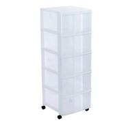 SUNDIS Modulo, tour de rangement en plastique transparent, avec roulettes, 5 grands tiroirs, hauteur 104 cm, idéale rangement bureau, cours, documents, fournitures, accessoires