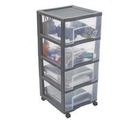 SUNDIS Tag Tower XL, tour de rangement en plastique gris, avec roulettes, 4 grands tiroirs transparents, hauteur 83,5 cm, idéale rangement bureau, cours, documents, fournitures, accessoires
