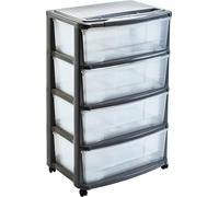 Tour de Rangement Plastique Gris Anthracite - 4 Grands Tiroirs Maxi Transparents - avec Roulettes - Hauteur 85 cm - Fabriqué en France - Idéal pour Bureau, Maison - M home by Mazzei Mondex
