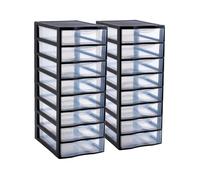 SUNDIS Orgamix, lot de 2 tours de rangement en plastique noir, 8 tiroirs transparents format papier A4, hauteur 65 cm, idéale rangement bureau, cours, documents, fournitures, accessoires