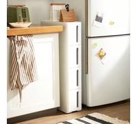 Tour De Rangement Sur Roulettes, Colonne De Cuisine Étroite, Étagère Plastique À 4 Niveaux, 45 X 17 X 84 Cm, Blanc Et Gris