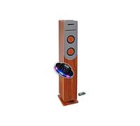 gef-roy Enceinte Colonne Finition Bois avec Lecteur CD, Bluetooth, FM et USB, 100W, télécommande, Jeu de lumière OVNI LED