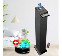 Tour de son Hifi 60W noire avec lecteur CD, Bluetooth, FM et USB, Télécommande, Jeu de lumière Boule LED, Colonne Chambre Salon