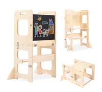 Tour debout d'apprentissage 2 en 1 pour tout-petits, tabouret de cuisine en bois avec tableau noir Montessori et Waldorf Helper pour enfants, marchepied en bois avec table et chaise (couleur bûche)